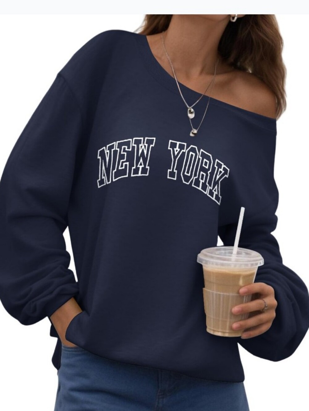 New York" Off-the-Shoulder Oversized Sweatshirt